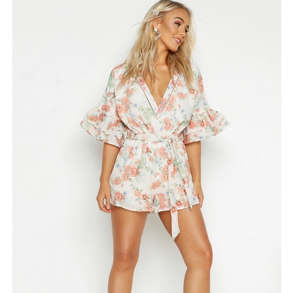 COPY - Floral ruffle romper playsuit boohoo petite 4